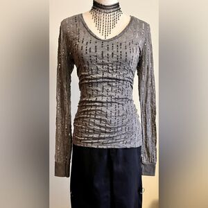 NWOT BKE Grey Sheer Destructed Mesh Long Sleeve Top SZ L